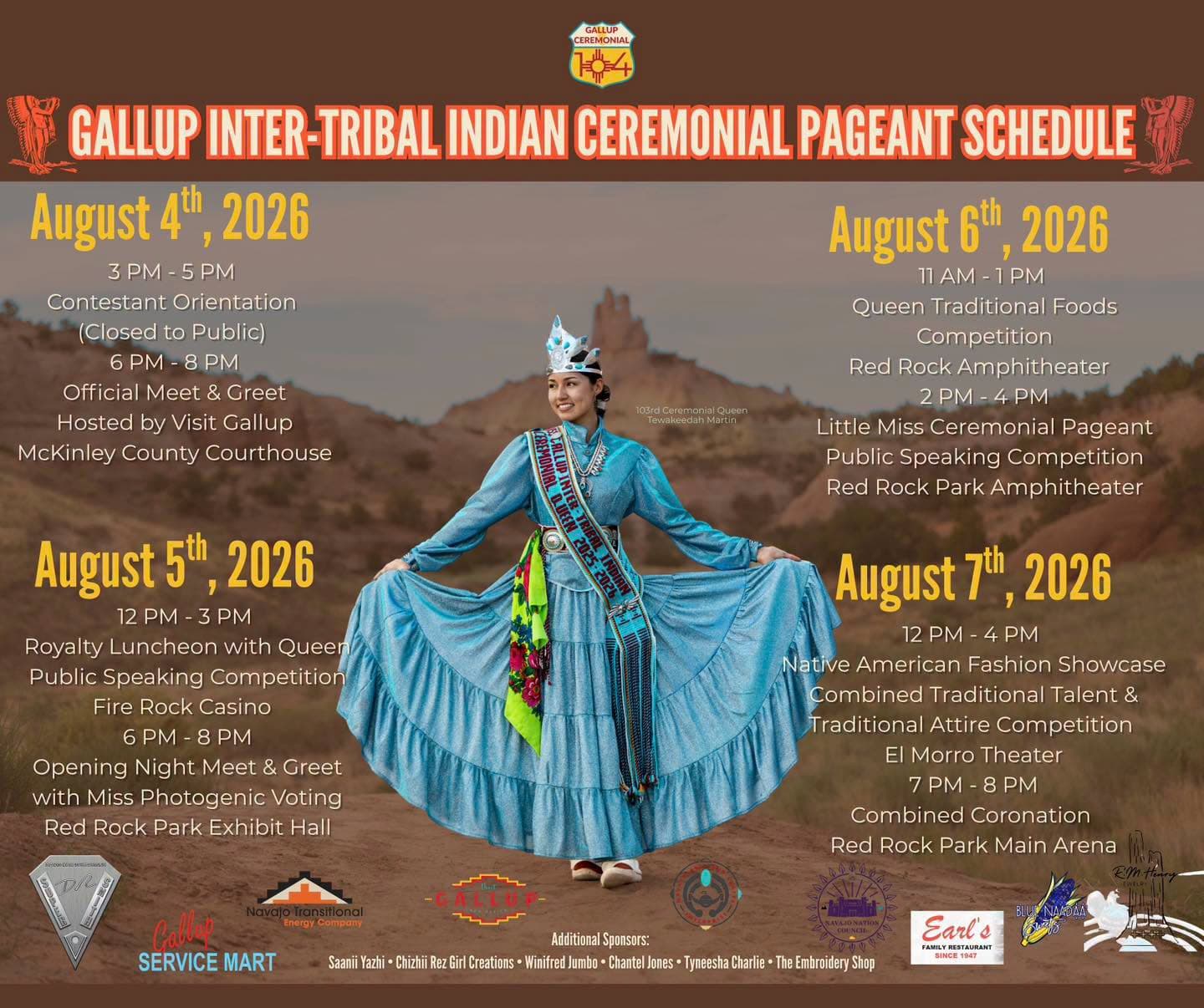 Pageant week schedule for the 104th Gallup Inter-Tribal Indian Ceremonial, Aug. 4-7